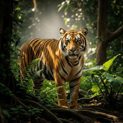 Photorealistic image of a Tiger (felines) in its natural habitat