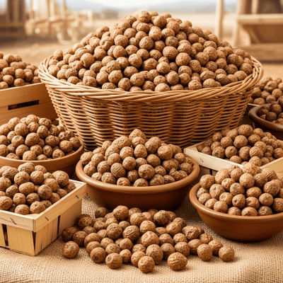 Photo showing harvested Tiger nut (nuts) nuts in bulk, such as in baskets or containers
