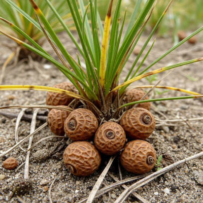Photograph of a Tiger nut (nuts) in its natural environment, such as on the tree, bush, or ground where it grows