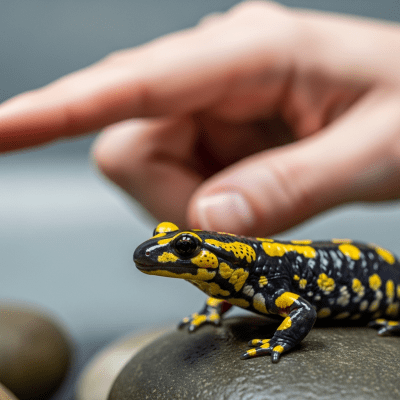 Photograph showing a Tiger Salamander in interaction with humans or within a cultural context, such as being observed by scientists or featured in educational settings