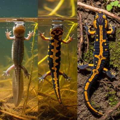 Image of a Tiger Salamander (amphibians) at the moment of transformation, such as metamorphosis from tadpole to adult