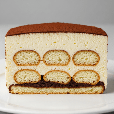 Detailed cross-sectional view of a sliced Tiramisu (cake), showing internal layers, textures, and ingredients