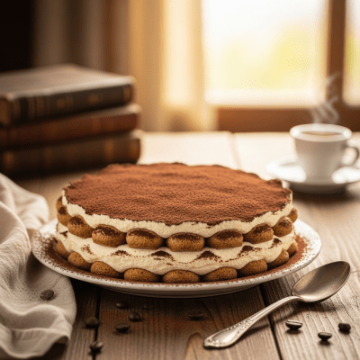A realistic image of a whole Tiramisu (cake) displayed on a classic dessert table in a home or bakery setting