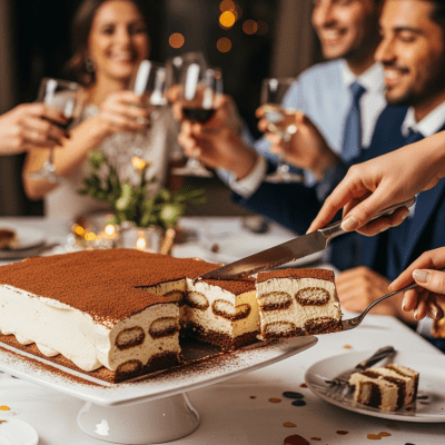 A scene showing the Tiramisu (cake) being served or enjoyed at a festive occasion, such as a birthday party or wedding