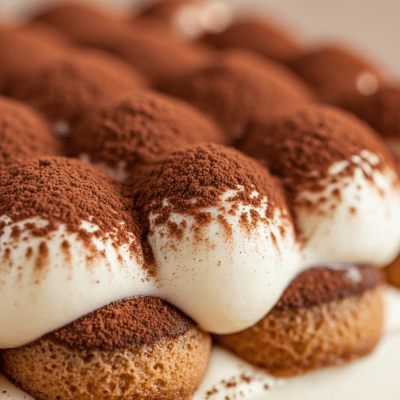 Close-up macro photograph of the surface texture and decoration of a Tiramisu (cake)