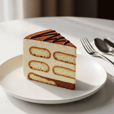 An image of a single slice of Tiramisu, from the cake taxonomy, isolated on a plate with simple cutlery