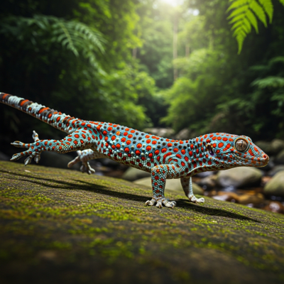 A dynamic action scene featuring a single Tokay Gecko (lizards) running, climbing, or catching prey in its typical environment
