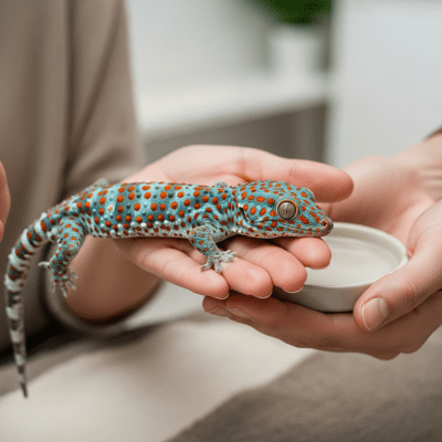 Image of a Tokay Gecko interacting with humans in a responsible pet-keeping context