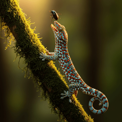 A dynamic action shot of a Tokay Gecko, part of the taxonomy reptiles, in motion such as climbing, swimming, basking, or hunting in its environment