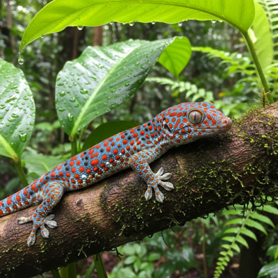 A detailed image of a Tokay Gecko (reptiles) in its typical natural habitat