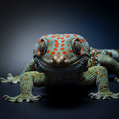 A striking, editorial-style portrait of a Tokay Gecko (reptiles) in dramatic lighting.