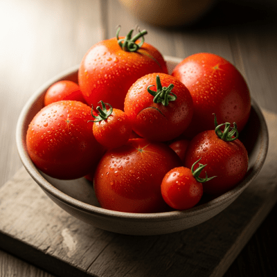 A high resolution image of several fresh Tomatos arranged in a simple bowl, representing their use within the taxonomy berries