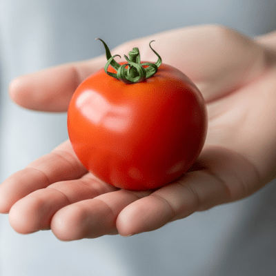 A factual photograph of a hand holding a ripe Tomato, illustrating its size and appearance for the taxonomy berries