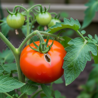 A naturalistic photograph of a Tomato growing on its plant in its typical environment, representing the taxonomy berries