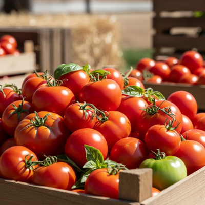 Image showing freshly harvested Tomato, displayed in a farmer's market basket or crate