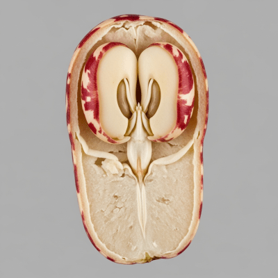 A cross-sectional view of a single Tongues of Fire Bean (beans), sliced cleanly to reveal its internal structure and composition