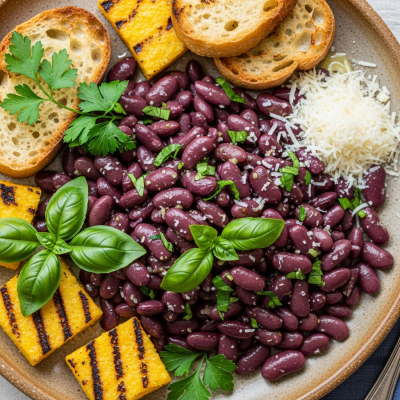 Image of cooked Tongues of Fire Bean (beans) presented as part of a traditional dish or cuisine, plated attractively and photographed from above