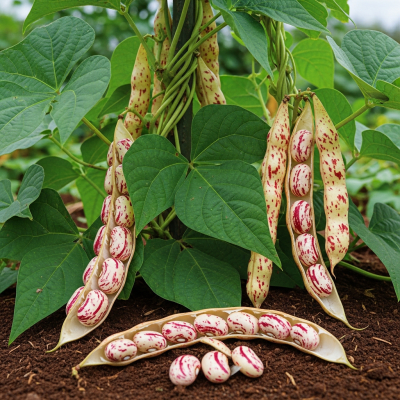 An image of Tongues of Fire Bean, belonging to the taxonomy beans, displayed in its natural environment—such as growing on a plant or vine, surrounded by leaves and soil