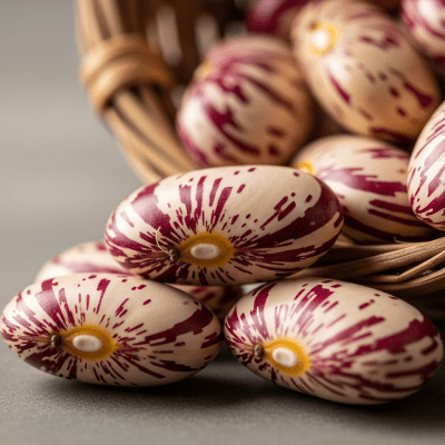 A close-up macro shot of Tongues of Fire Bean (beans) showing its texture, surface details, and natural colors