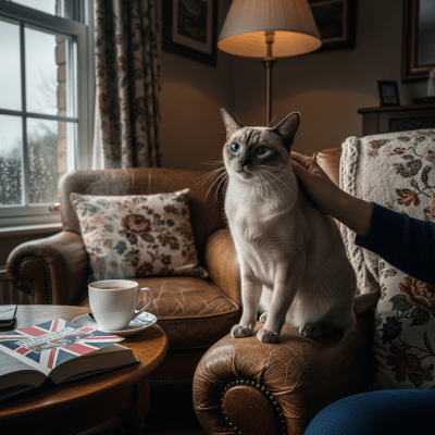 Image of a Tonkinese (UK) interacting with humans or participating in cultural activities