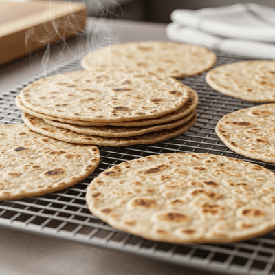 Photograph of freshly baked Tortilla, cooling on a wire rack