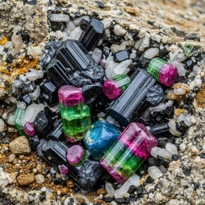 Naturalistic scene featuring Tourmaline in its typical geological environment, as categorized by minerals