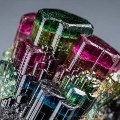 Macro shot of Tourmaline, of the taxonomy minerals, showing detailed crystal structure and surface texture