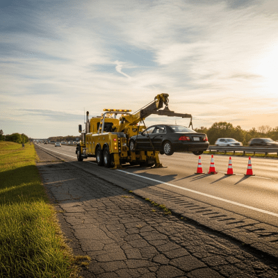 Photorealistic image of a Tow Truck (trucks) in its typical working environment