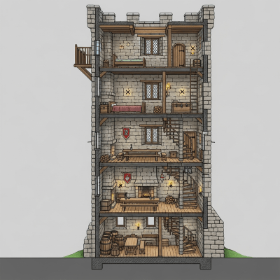A detailed cross-sectional illustration of a Tower House, from the castles taxonomy