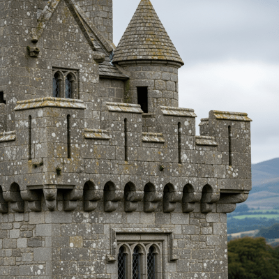 A close-up image focusing on unique architectural details of a Tower House, from the castles taxonomy
