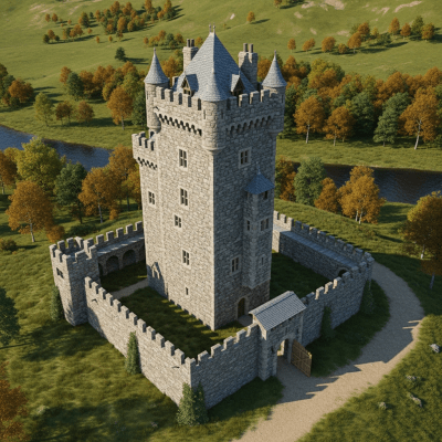 A bird's-eye view rendering of a Tower House, classified in the castles taxonomy