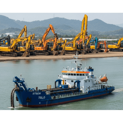 A wide-angle image of a fleet of various excavators, with the specific Trailing suction hopper dredger (TSHD) in the foreground for emphasis