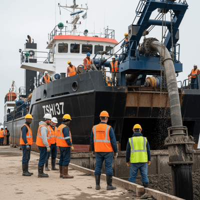 Image of a diverse group of construction workers operating or interacting with a Trailing suction hopper dredger (TSHD) from the excavators taxonomy