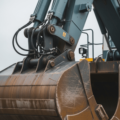 A close-up photograph focusing on the bucket and arm of a Trailing suction hopper dredger (TSHD) (excavators), showing details such as hydraulic lines, metal textures, and wear marks
