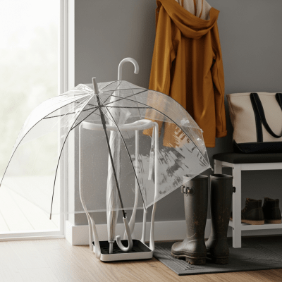 Image of a Transparent Umbrella displayed alongside typical items it is paired with (e