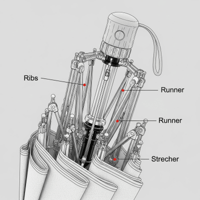 Detailed cross-sectional illustration of a Travel Umbrella, showing the internal structure such as ribs, shaft, and canopy fabric