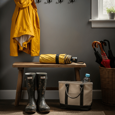 Image of a Travel Umbrella displayed alongside typical items it is paired with (e