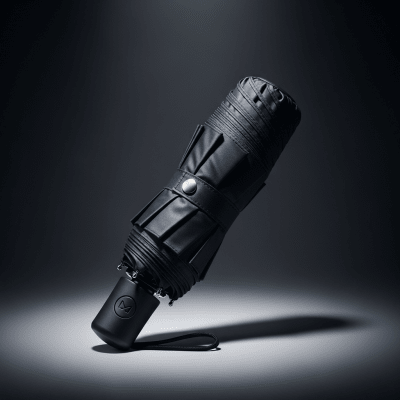 Editorial-style hero shot of a single Travel Umbrella (umbrellas) dramatically lit against a dark gradient background.