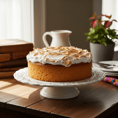 A realistic image of a whole Tres Leches Cake (cake) displayed on a classic dessert table in a home or bakery setting