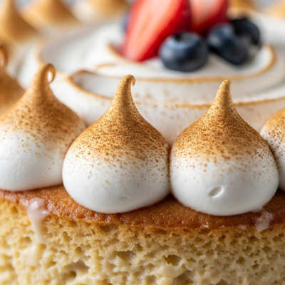 Close-up macro photograph of the surface texture and decoration of a Tres Leches Cake (cake)