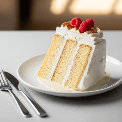 An image of a single slice of Tres Leches Cake, from the cake taxonomy, isolated on a plate with simple cutlery