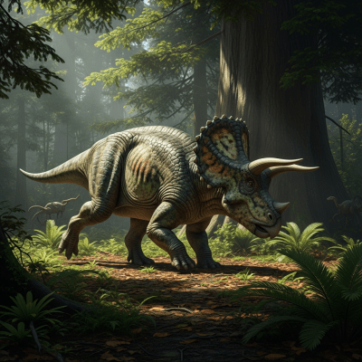Realistic depiction of a Triceratops in its prehistoric natural environment