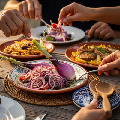 A cultural representation of a Tropea onion (onions) featured in a traditional dish or meal setting