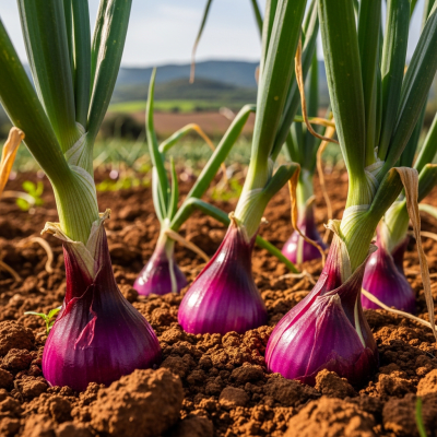A photograph of a Tropea onion (onions) in its natural environment or growing in soil