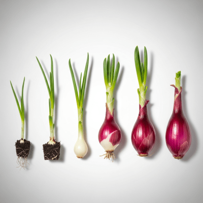 An image showing multiple stages of growth for a single type of Tropea onion (onions), from seedling to mature bulb