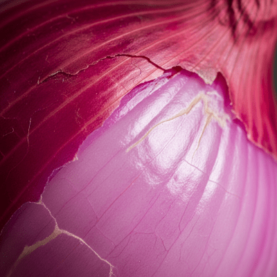 A macro photograph highlighting the surface texture and skin details of a Tropea onion