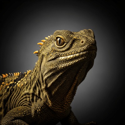A striking, editorial-style portrait of a Tuataras (reptiles) in dramatic lighting.