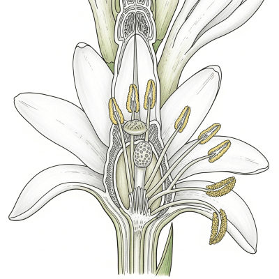 Cross-sectional illustration of a Tuberose (flowers), showing internal parts such as stem, petals, and reproductive organs