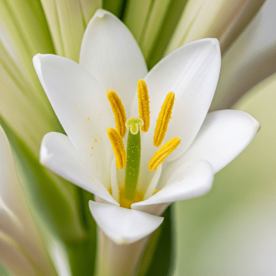 Detailed macro image of a Tuberose (flowers), focusing on the intricate structure of petals, stamens, and pistil