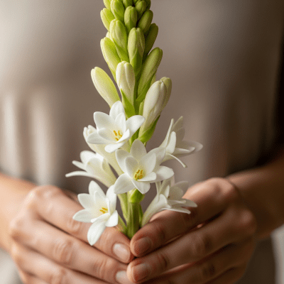 Photograph of a Tuberose (flowers) being held or interacted with by a person in a gentle way